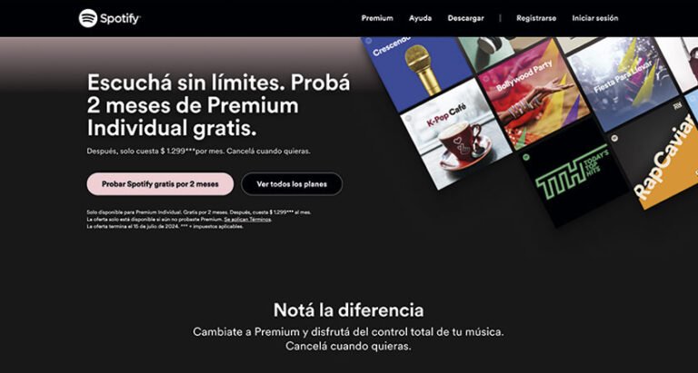 Ejemplo de landing page de Spotify